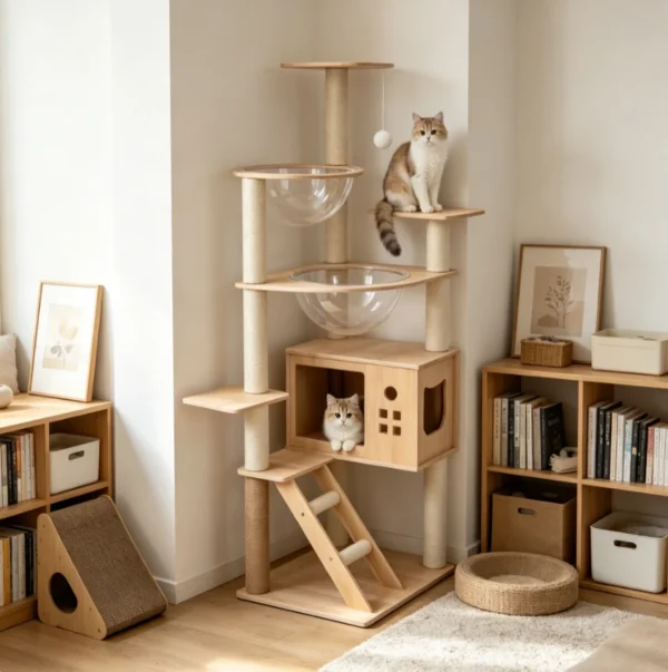179 Premium Large Wooden Cat Tree-Multi-Level Cat Tower With Natural Sisal Scratching Posts,Climbing Platforms & Cozy Play Space.