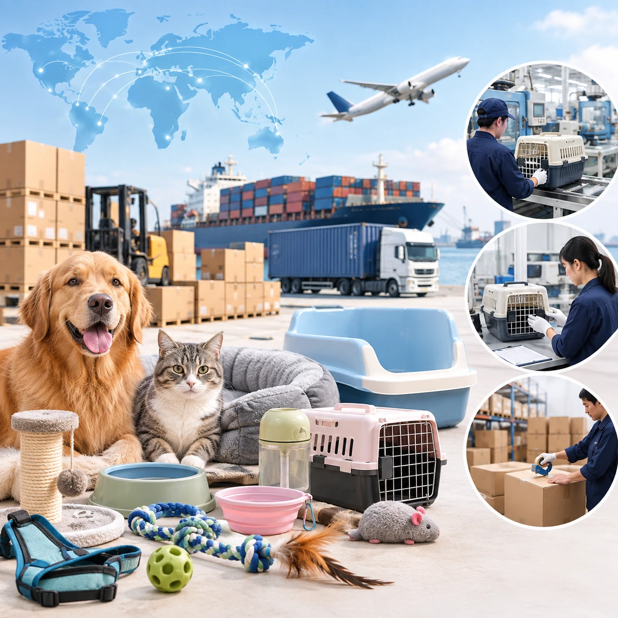 Global pet product sourcing and supply chain solutions, featuring pets with wholesale dog and cat supplies near logistics icons like a cargo ship and airplane