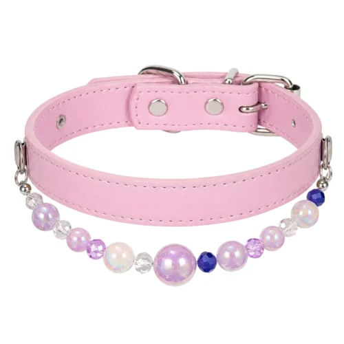 Beaded PU Leather DIY Decorative Collar With Pearl & Resin For Dogs Cats,Ins‑Style Pet Necklace,Adjustable & Detachable For Pets.
