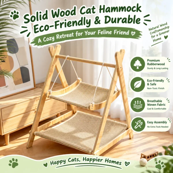 wooden-cat-hammock-detail.webp Wooden cat hammock frame detail — breathable mesh double layer design