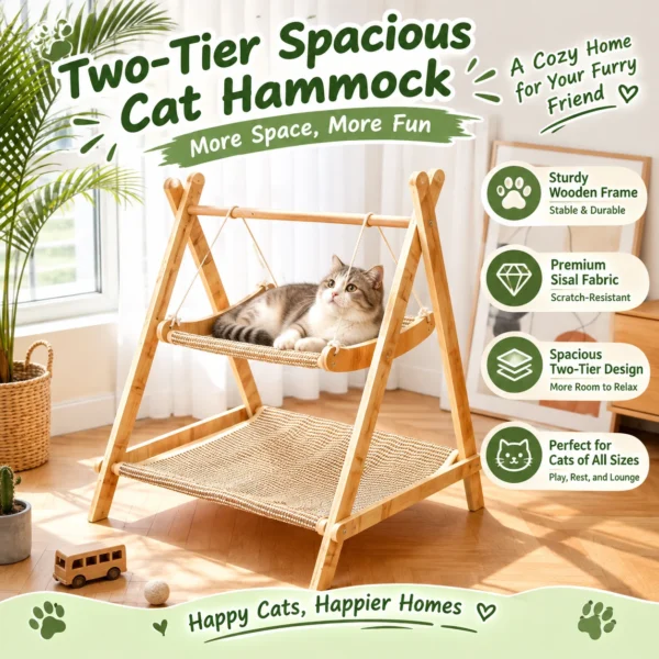 306 Modern Wooden Cat Hammock-Double-Layer Breathable & Cozy Cat Bed For Home Use.