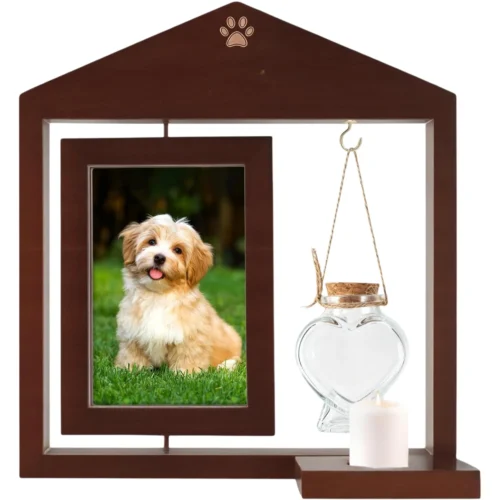 Wooden Rotating Memorial Pet Photo Frame For Dogs & Cats,Double-Sided Pet Picture Frame With Heart-Shaped Hair Keepsake Ornament,Personalized Writing Display.