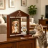 Wooden Rotating Memorial Pet Photo Frame For Dogs & Cats,Double-Sided Pet Picture Frame With Heart-Shaped Hair Keepsake Ornament,Personalized Writing Display.