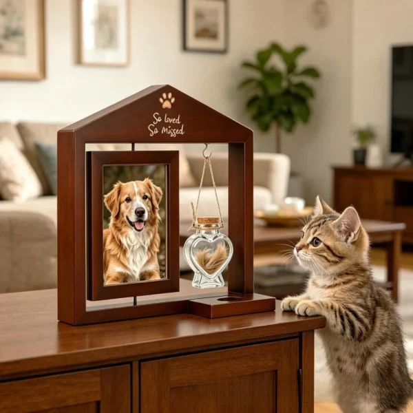 Wooden Rotating Memorial Pet Photo Frame For Dogs & Cats,Double-Sided Pet Picture Frame With Heart-Shaped Hair Keepsake Ornament,Personalized Writing Display.