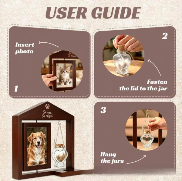 Wooden Rotating Memorial Pet Photo Frame For Dogs & Cats,Double-Sided Pet Picture Frame With Heart-Shaped Hair Keepsake Ornament,Personalized Writing Display.