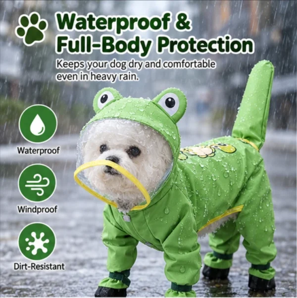 Cute frog dog raincoat back view — adjustable pet rain jacket OEM