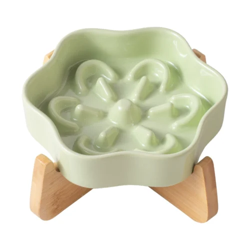 Ceramic Slow Feeder Pet Bowl with Bamboo Stand