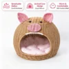 Rattan Cave Cat Bed, Cute Pig Shaped Covered Pet House