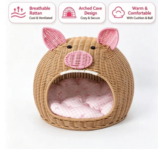 Rattan Cave Cat Bed, Cute Pig Shaped Covered Pet House