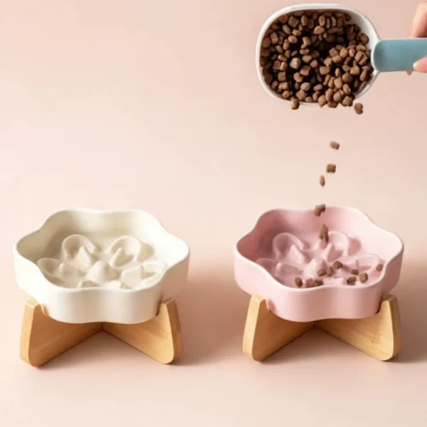 副图1 (6) Ceramic Slow Feeder Pet Bowl with Bamboo Stand