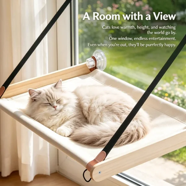 Wooden Window Mount Cat Hammock with Heavy Duty Suction Cups