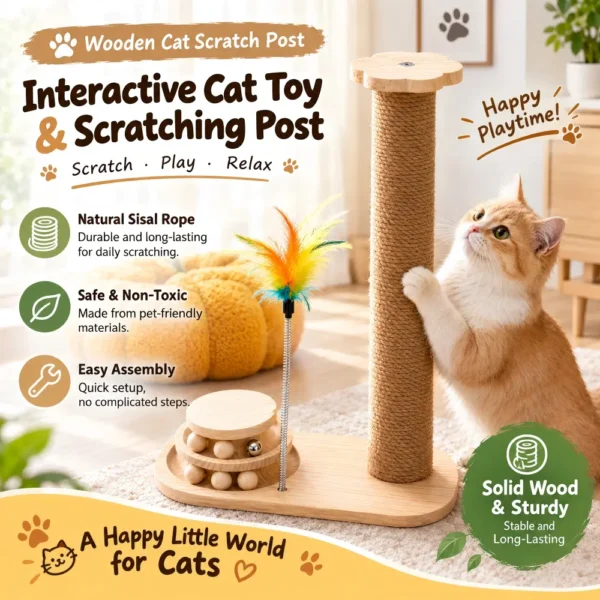 副图2 (3) Solid Wood Cat Scratching Post with Toy