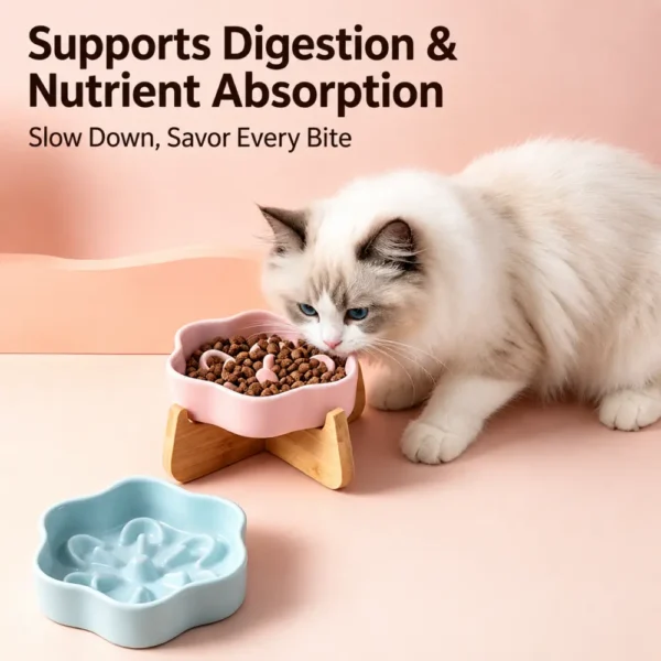 副图2 (7) Ceramic Slow Feeder Pet Bowl with Bamboo Stand