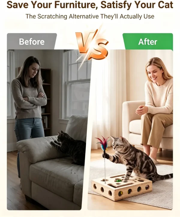副图3 (1) Wooden Cat Puzzle Toy with Feather Teaser