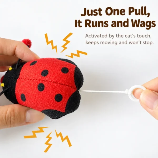 Plush Ladybug Cat Toy with Pull String