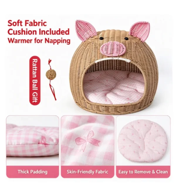Rattan Cave Cat Bed, Cute Pig Shaped Covered Pet House