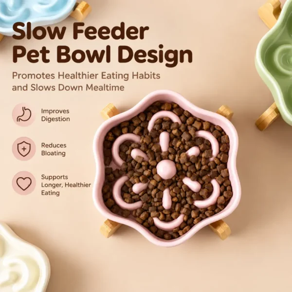 副图3 (7) Ceramic Slow Feeder Pet Bowl with Bamboo Stand