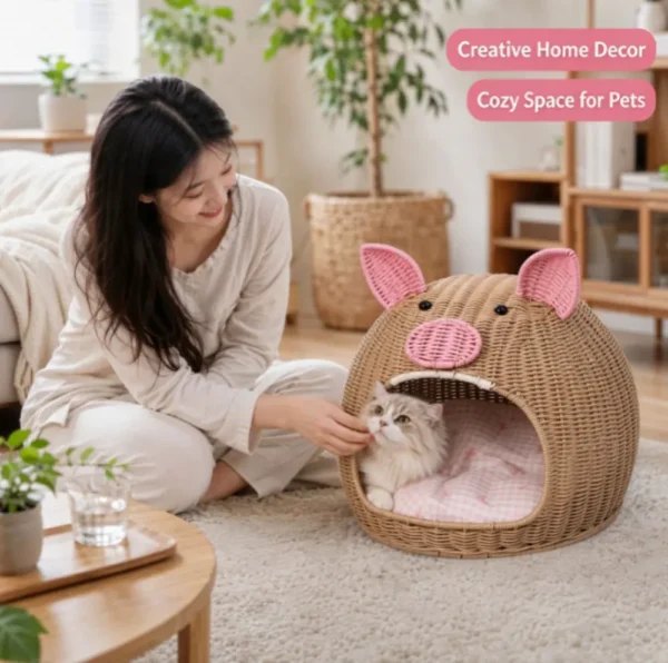 Rattan Cave Cat Bed, Cute Pig Shaped Covered Pet House