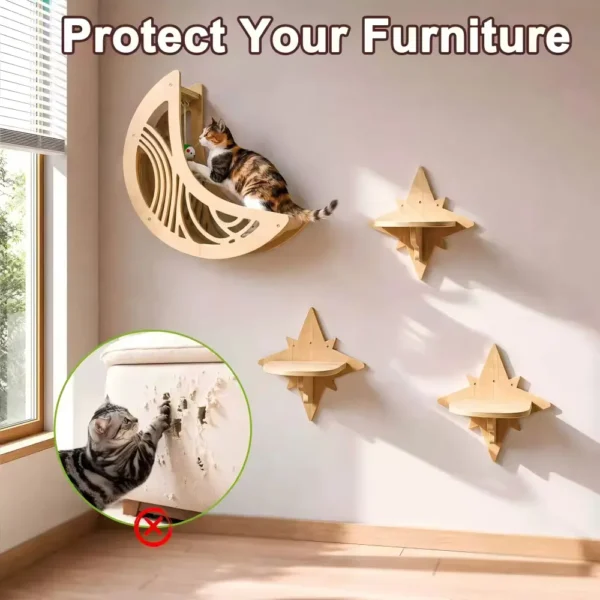 Wood Wall Mounted Cat Shelves, Moon Cat Bed & Star Cat Climbing Perches