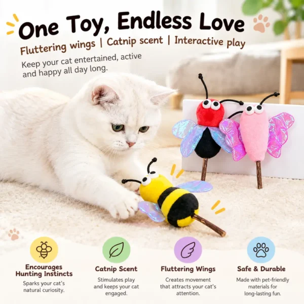 Wooden Wand Cat Teaser Toy, Insect Shape Molar Cat Toy with Crinkle Paper
