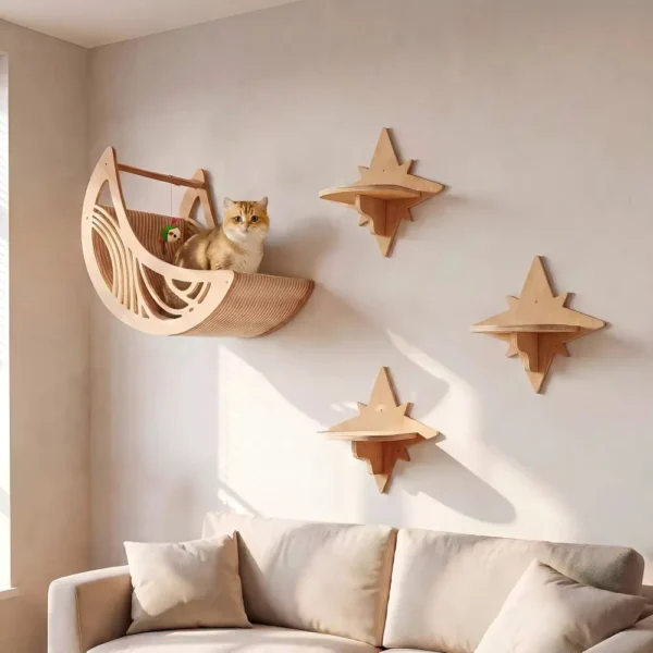 Wood Wall Mounted Cat Shelves, Moon Cat Bed & Star Cat Climbing Perches